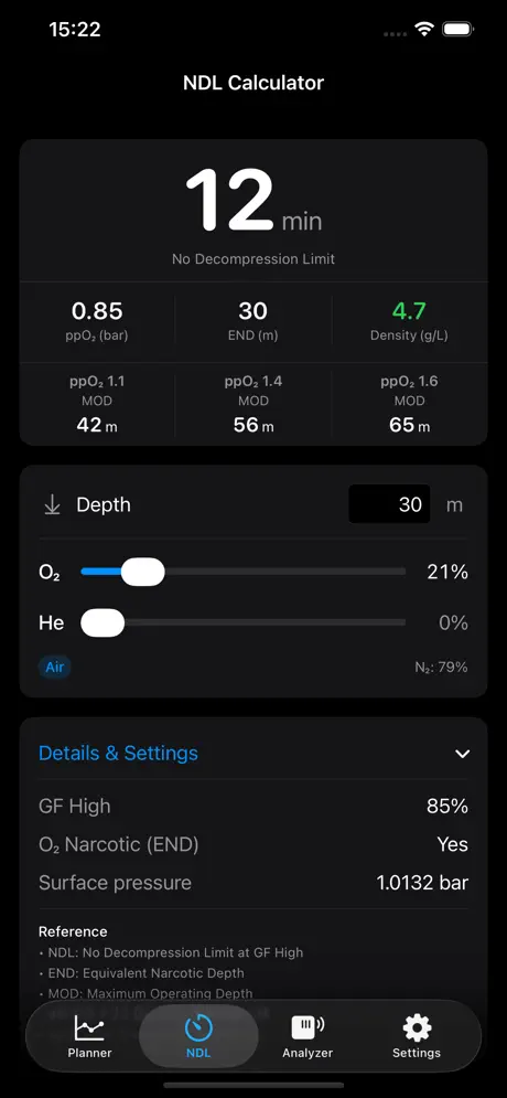 DiveHub NDL calculator with depth and gas inputs, END, gas density, and gradient factor settings