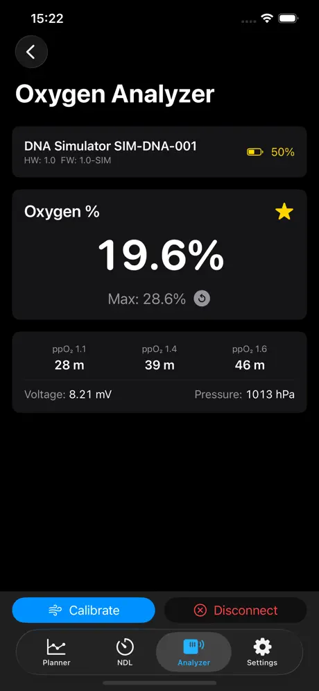 DiveHub Oxygen Analyzer interface displaying a connected wireless Nitrox analyzer