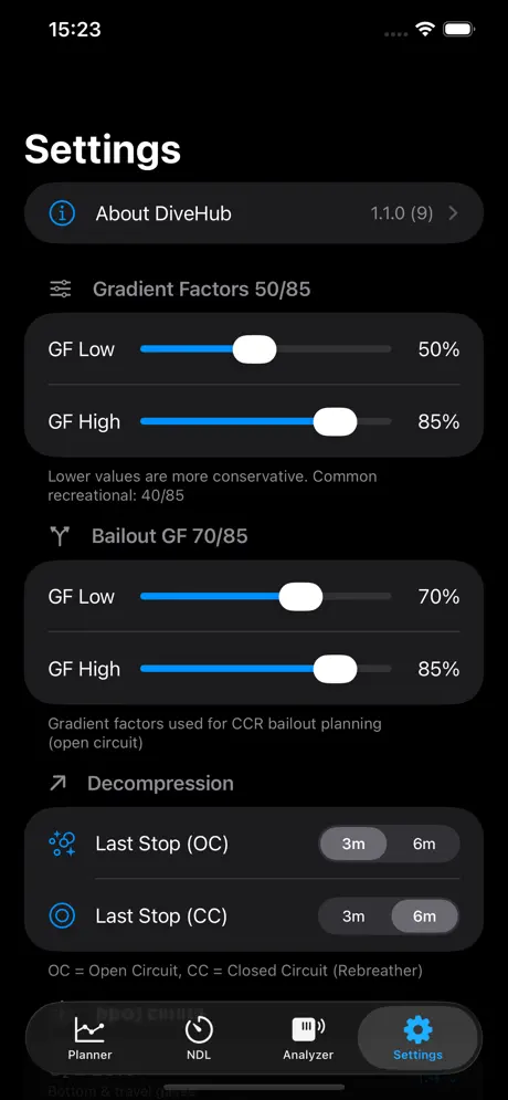 DiveHub settings showing customizable gradient factors for decompression and CCR bailout